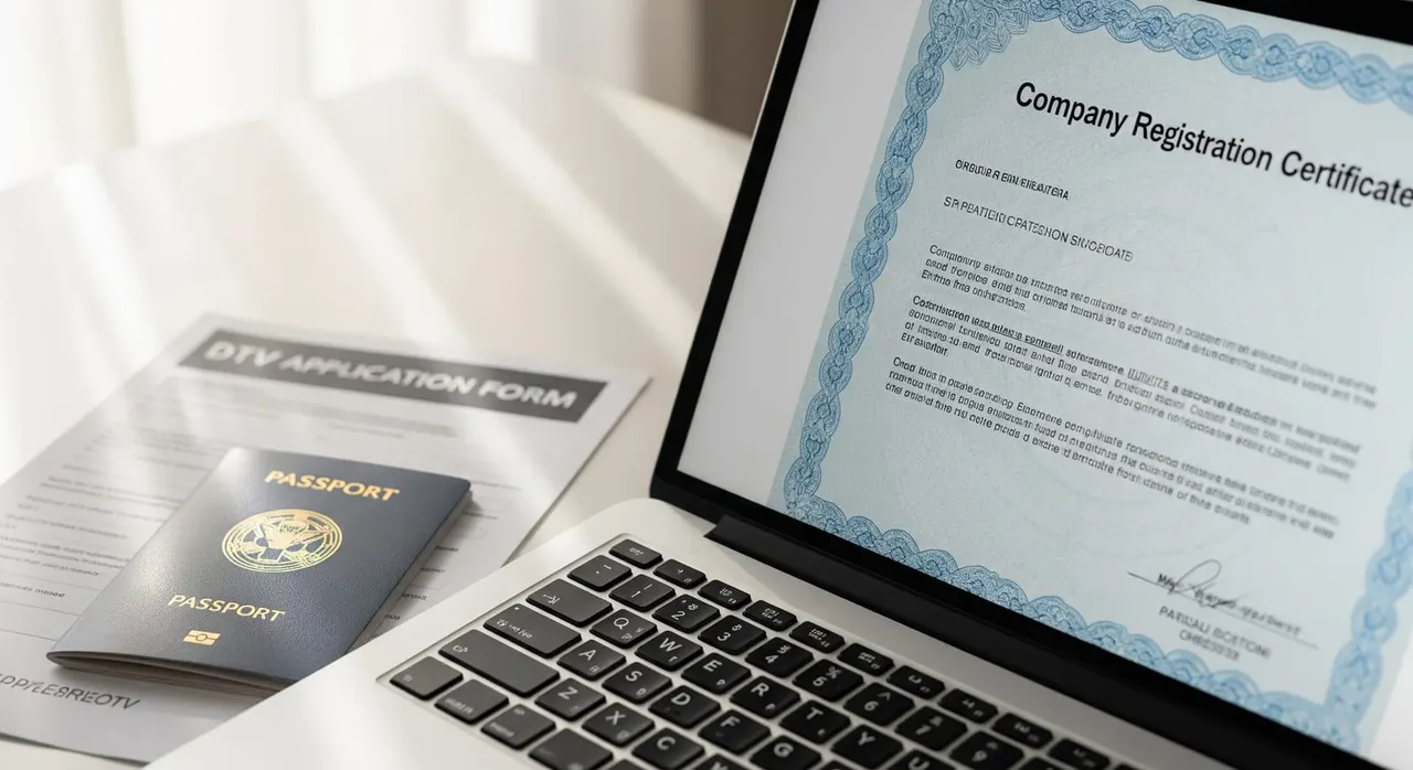 Applicant reviewing a company registration certificate on a laptop screen with passport and DTV application form beside it.