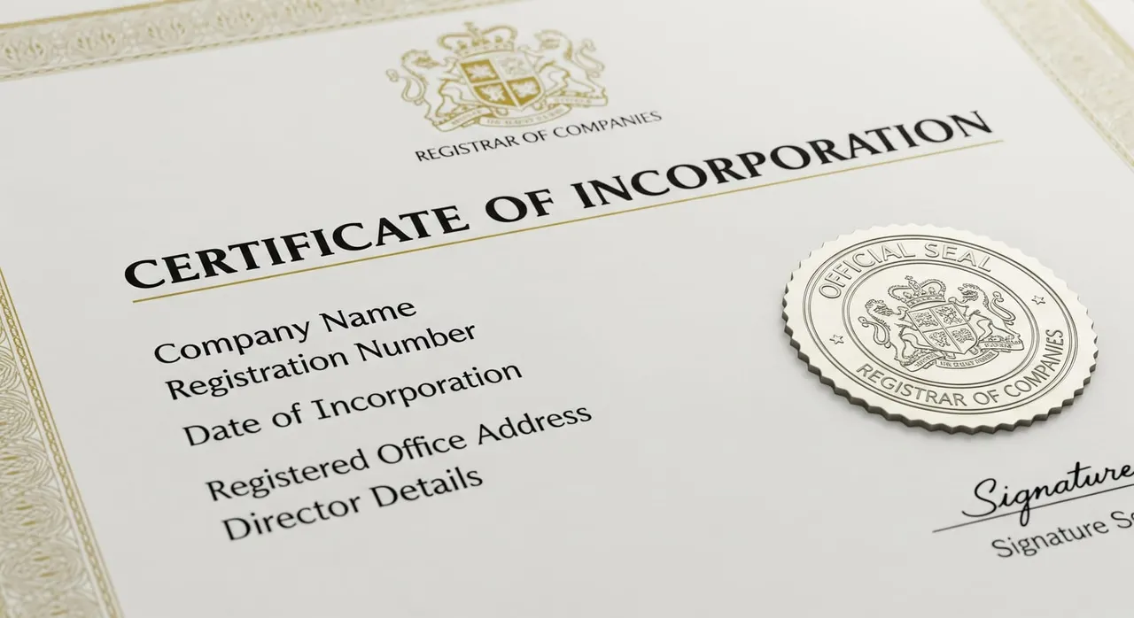 Sample company registration certificate with registrar seal, company name, and director details clearly visible.