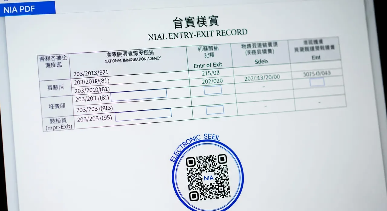 A close-up of an official NIA entry-exit record PDF on a screen, showing the bilingual table of dates, ports, and the electronic seal with QR code.