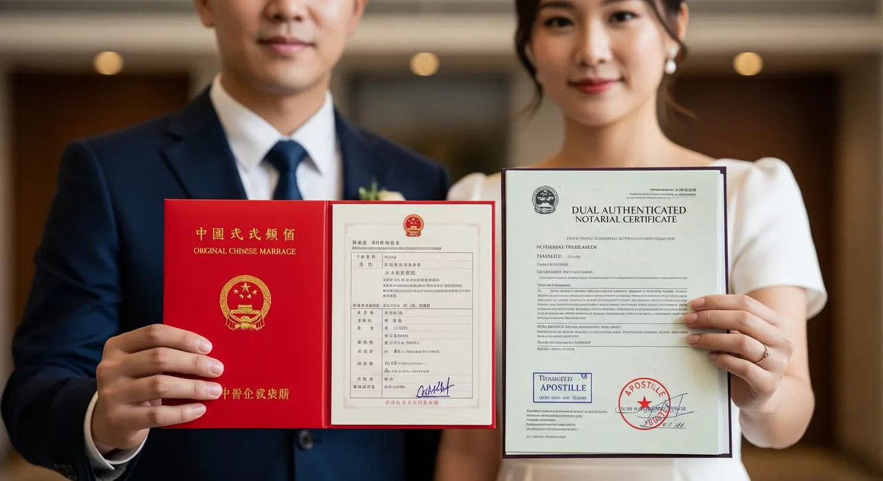A couple holding an original red Chinese marriage booklet and a dual-authenticated notarial certificate with translation and Apostille page, illustrating the DTV marriage certificate requirement.