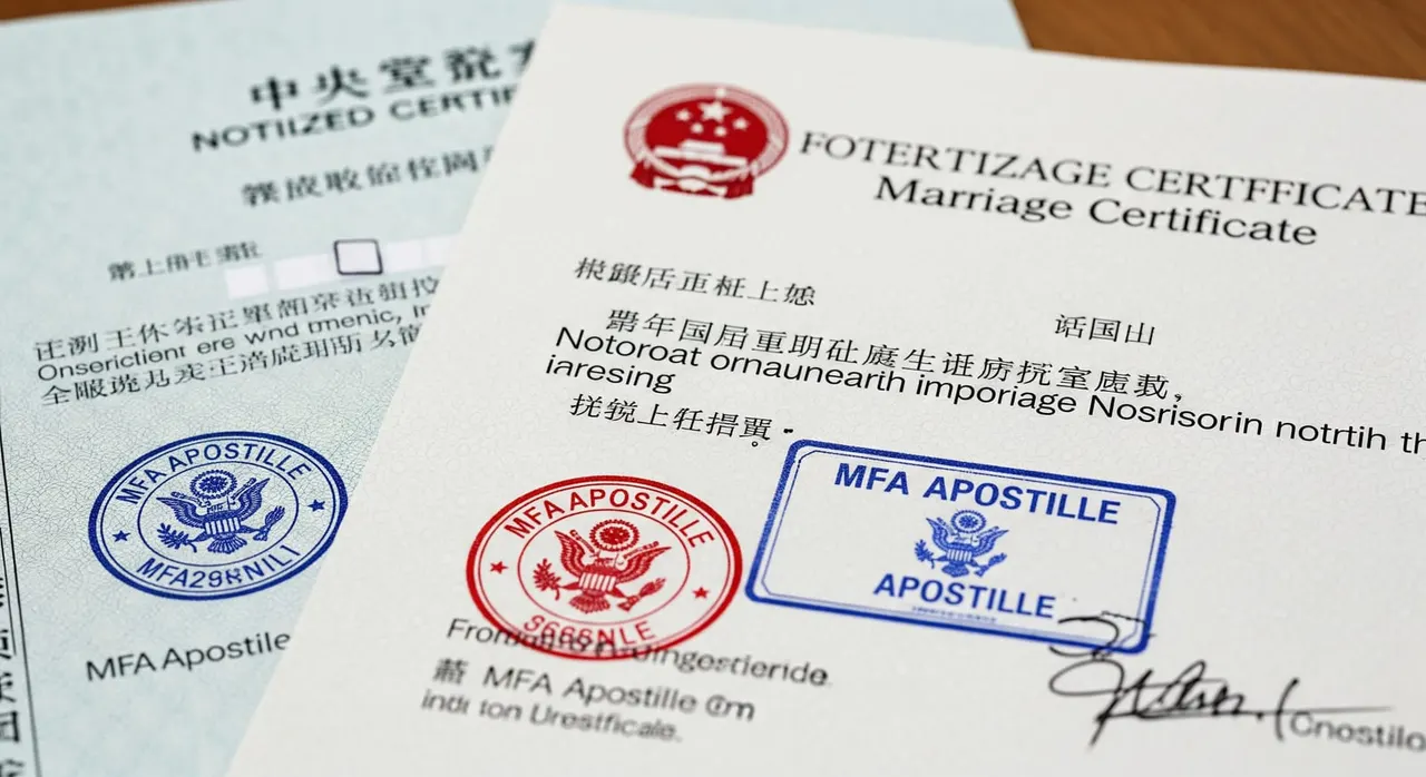 Close-up of a Chinese notarized marriage certificate with an MFA Apostille stamp, showing both authentication layers and an English translation page.