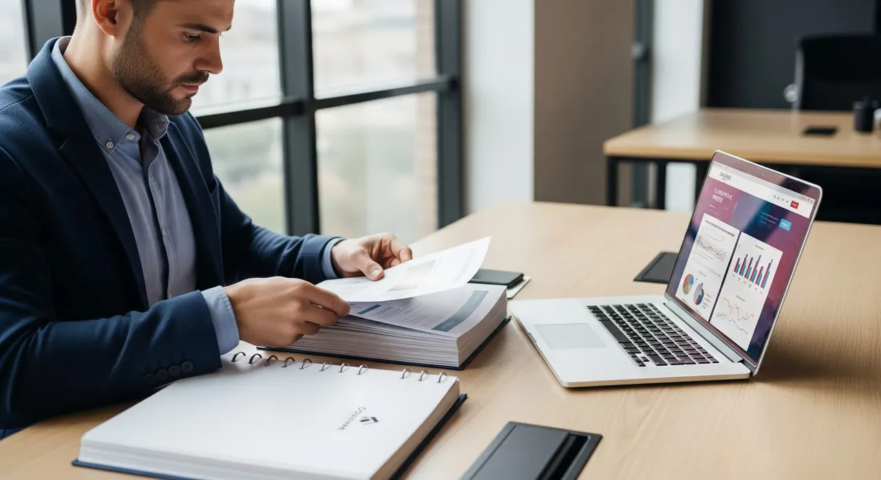A business professional at a desk assembling a company profile document, with a laptop open to a website and a printed document beside them.
