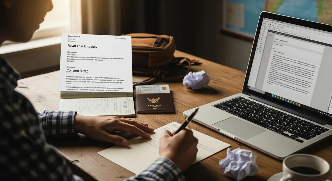 A traveler at a desk with a laptop, passport, and a printed email from a Royal Thai Embassy requesting a consent letter, composing a letter by hand.