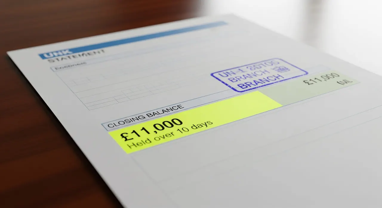 A sample UK bank statement page with a branch stamp clearly visible and the closing balance highlighted, showing the £11,000 held over 10 days.
