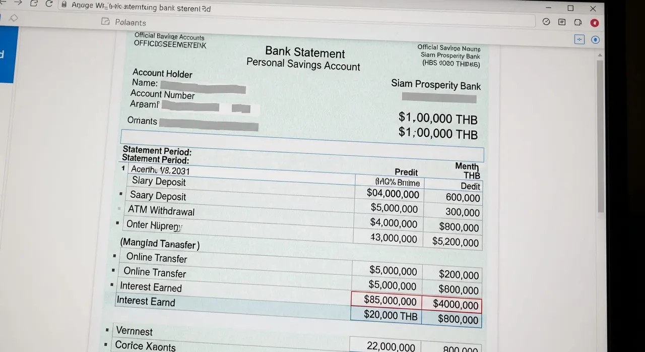An example of an official bank statement PDF showing a personal savings account with a balance exceeding 500,000 THB and six months of transaction history.