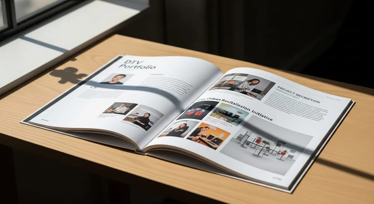 Example of a properly structured DTV portfolio PDF with CV, work samples, and a project description page.