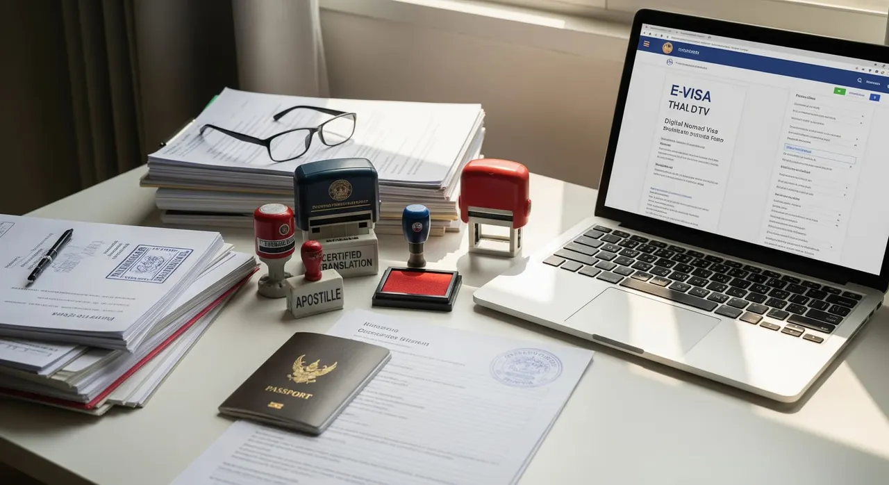 A professional translator's desk with documents, stamps, and a laptop showing an e-visa portal, illustrating the document translation and legalisation process for Thailand's DTV.