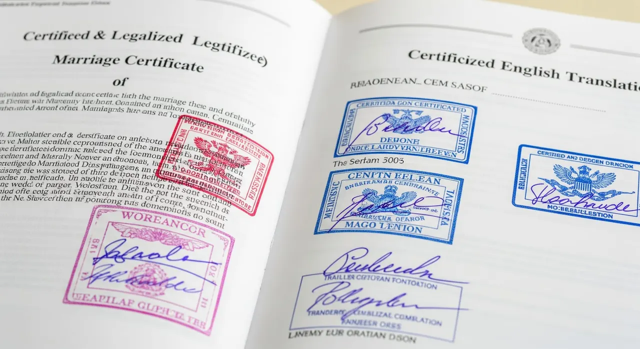 Close-up of a certified and legalised English translation of a marriage certificate, showing official stamps and signatures, ready for DTV submission.