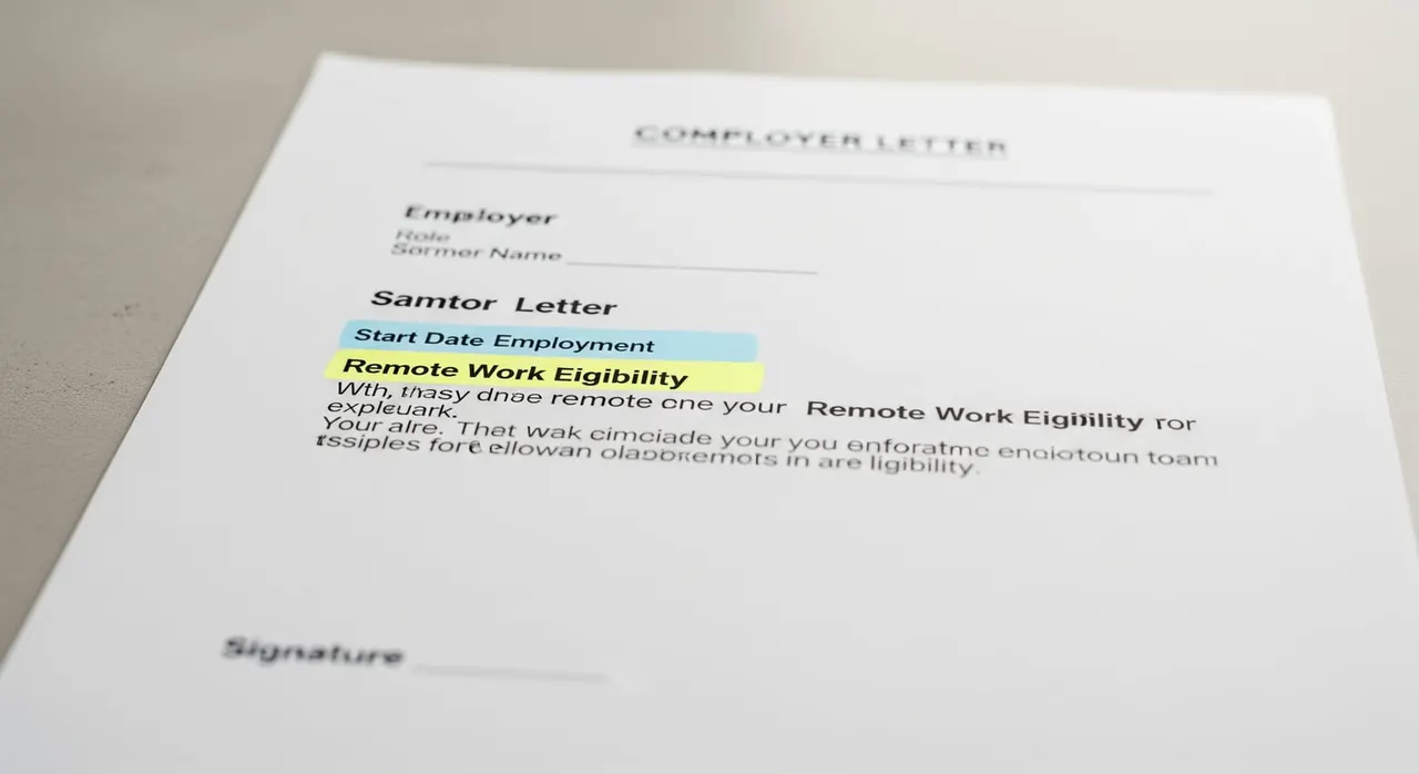 A sample employer letter confirming remote work eligibility on company letterhead, with highlighted key sections showing role, start date, remote statement, and signature.