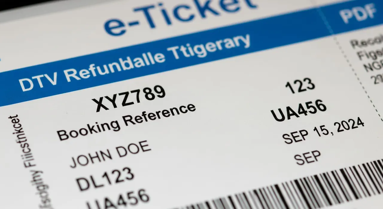Close-up of a PDF airline e-ticket showing flight numbers, dates, passenger name, and booking reference suitable for a DTV refundable flight itinerary request.