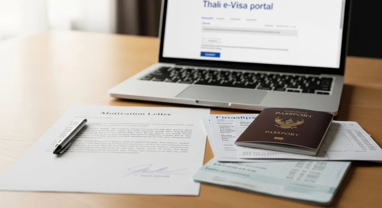 A close-up of a signed motivation letter on a desk, next to bank statements, payslips, and a passport, with a laptop showing the Thai e-Visa portal.