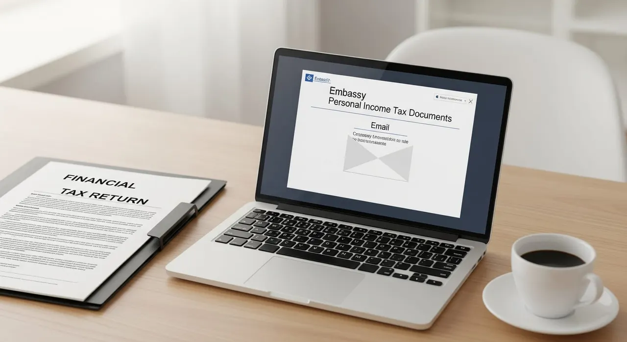 A realistic editorial scene showing a desk with a laptop displaying an embassy email requesting personal income tax documents, alongside a printed tax return, a financial folder, and a cup of coffee—conveying a calm, organized approach to gathering tax evidence.