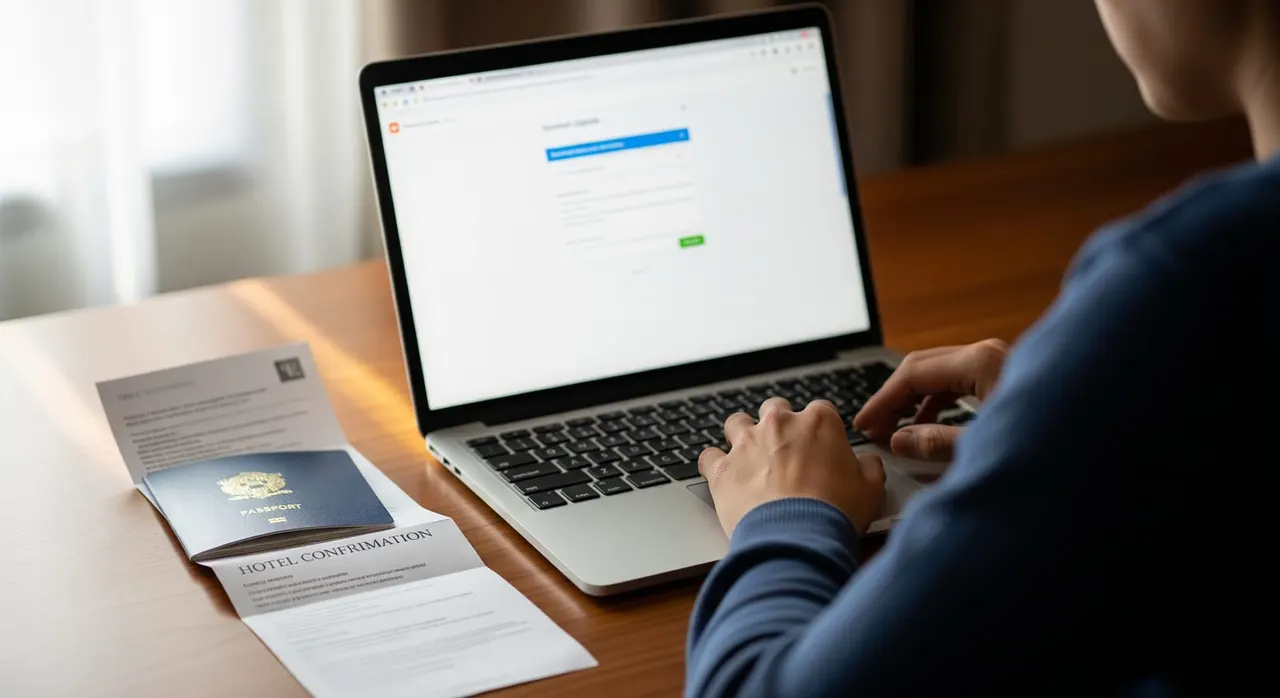 A calm traveller at a desk with laptop, passport, and printed hotel confirmation, preparing their DTV accommodation proof for upload.