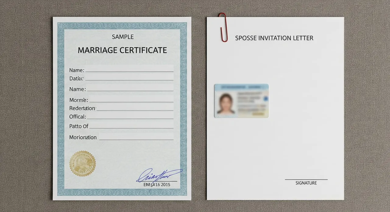 A sample marriage certificate and a spouse invitation letter with signature and attached ID