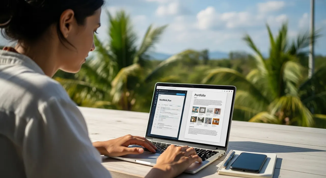 A remote worker sits at a laptop on a sunny terrace in Thailand, preparing a digital work plan and portfolio documents.