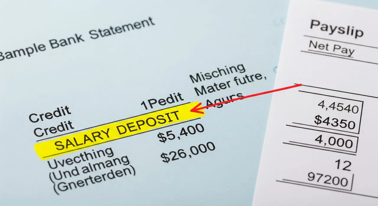 A sample annotated bank statement page showing a highlighted salary deposit line linked to a payslip with matching figures, with a brief explanatory note in the margin.